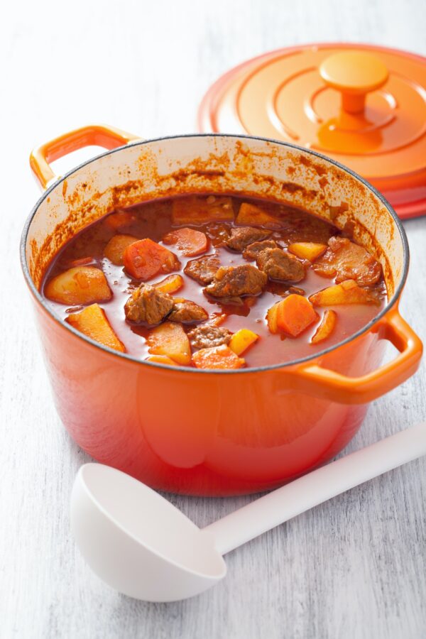 beef stew with potato and carrot in red casserole