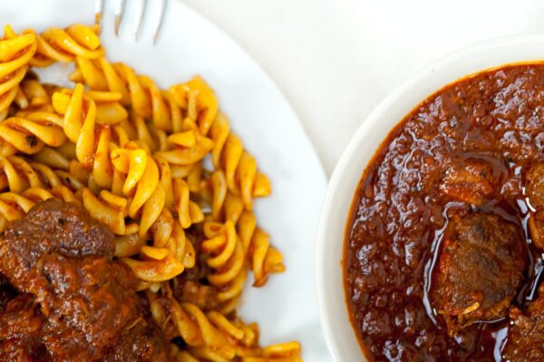 fusilli pasta with neapolitan style ragu meat sauce